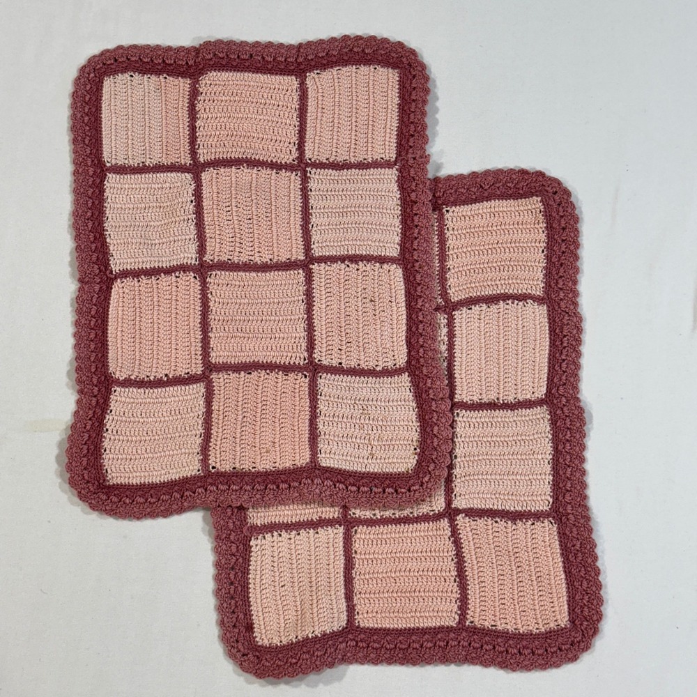 Handmade Crochet Placemats X2 Pink Mauve Checkered Scalloped Cotton Vintage